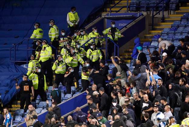 Leicester, England, 16th September 2021. Police keep the two sets of fans apart during the UEFA Europa League match at the King Power Stadium, Leicester. Picture credit should read: Darren Staples Sportimage EDITORIAL USE ONLY. No use with unauthorised audio, video, data, fixture lists, club league logos or live services. Online in-match use limited to 120 images, no video emulation. No use in betting, games or single club league player publications. SPI-1197-0077
