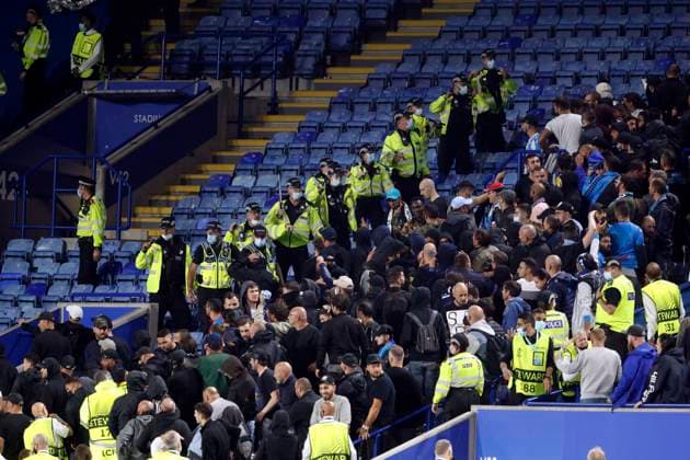 Leicester, England, 16th September 2021. Police keep the two sets of fans apart during the UEFA Europa League match at the King Power Stadium, Leicester. Picture credit should read: Darren Staples Sportimage EDITORIAL USE ONLY. No use with unauthorised audio, video, data, fixture lists, club league logos or live services. Online in-match use limited to 120 images, no video emulation. No use in betting, games or single club league player publications. SPI-1197-0078