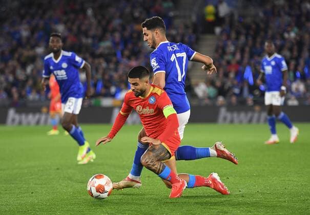 Mandatory Credit: Photo by Anna Gowthorpe Shutterstock (12447006am) Lorenzo Insigne of Napoli falls under pressure from Ayoze Perez of Leicester City Leicester City v Napoli, UEFA Europa League, Group C, Football, The King Power Stadium, Leicester, UK - 16 Sep 2021 EDITORIAL USE ONLY No use with unauthorised audio, video, data, fixture lists, club league logos or live services. Online in-match use limited to 120 images, no video emulation. No use in betting, games or single club league player publications. Leicester City v Napoli, UEFA Europa League, Group C, Football, The King Power Stadium, Leicester, UK - 16 Sep 2021 EDITORIAL USE ONLY No use with unauthorised audio, video, data, fixture lists, club league logos or live services. Online in-match use limited to 120 images, no video emulation. No use in betting, games or single club league player publications. Copyright: xAnnaxGowthorpe Shutterstockx 12447006am