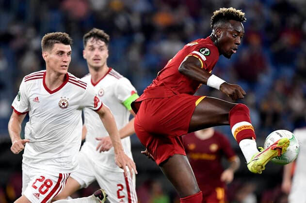 Plamen Galabov of PFC CSKA Sofia and Tammy Abraham of AS Roma compete for the ball during the Conference league group C football match between AS Roma and PFC CSKA Sofia at Olimpico stadium in Rome (Italy), September 16th, 2021. Photo Antonietta Baldassarre Insidefoto antoniettaxbaldassarre