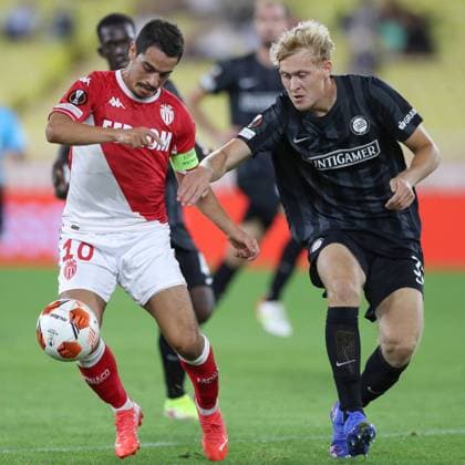 Monaco, Monaco, 16th September 2021. Wissam Ben Yedder of AS Monaco shields the ball from Niklas Geyrhofer of SK Sturm Graz during the UEFA Europa League match at Stade Louis II, Monaco. Picture credit should read: Jonathan Moscrop Sportimage EDITORIAL USE ONLY. No use with unauthorised audio, video, data, fixture lists, club league logos or live services. Online in-match use limited to 120 images, no video emulation. No use in betting, games or single club league player publications. SPI-1189-0037