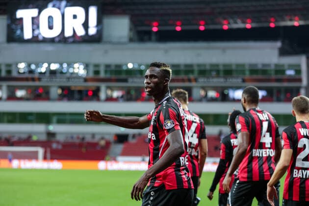 16 09 2021, Football, 2021 2022 season, UEFA Europa League, Group stage, Matchday 1, Bayer 04 Leverkusen Ferencvaros Budapest Odilon Kossounou Bayer 04 Leverkusen celebrates scoring 2 1 Photo RHR Photo Dennis Ewert Leverkusen BayArena NRW Germany xRHR PHOTO DEx