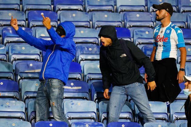 16th September 2021; King Power, Leicester, England; UEFA Europa League Football, Leicester City versus Napoli; A Napoli fans shout abuse and gesticulate during crowd trouble after the final whistle  ActionPlus12323134 GrahamxWilson