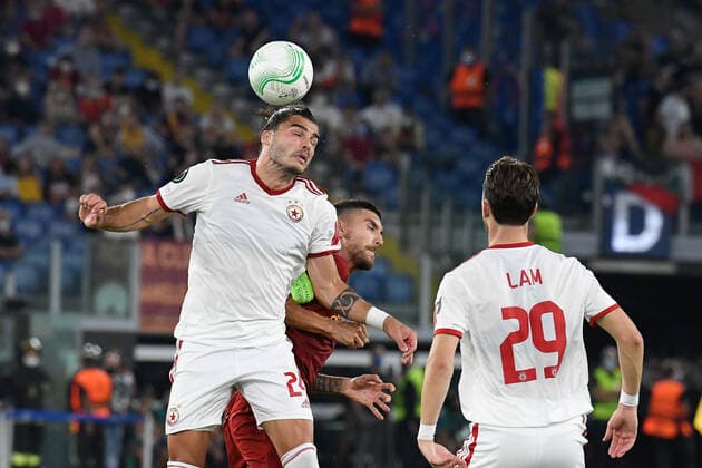 16th September 2021: Stadio Olimpico, Rome, Italy; Europa Conference League football, AS Roma versus CSKA Sofia; Karlo Muhar of CSKA Sofia wins the clearing header  ActionPlus12323157 Allshotlive