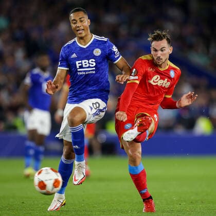 Mandatory Credit: Photo by Robbie Stephenson JMP Shutterstock (12447737fi) Fabian of Napoli shoots at goal as he s challenged by Youri Tielemans of Leicester City Leicester City v Napoli, UK - 16 Sep 2021 Editorial use only Leicester City v Napoli, UK - 16 Sep 2021 Editorial use only  Copyright: xRobbiexStephenson JMP Shutterstockx 12447737fi