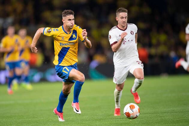 Broendbys Andreas Bruus and Sparta Pragues Adam Hlozek Europa League match in Group A between Broendby IF and Sparta Prague, at Broendby Stadium on Thursday 16 September 2021,  Copyright: THOMASxSJOERUPx cop101 spdk20210916-232332-L