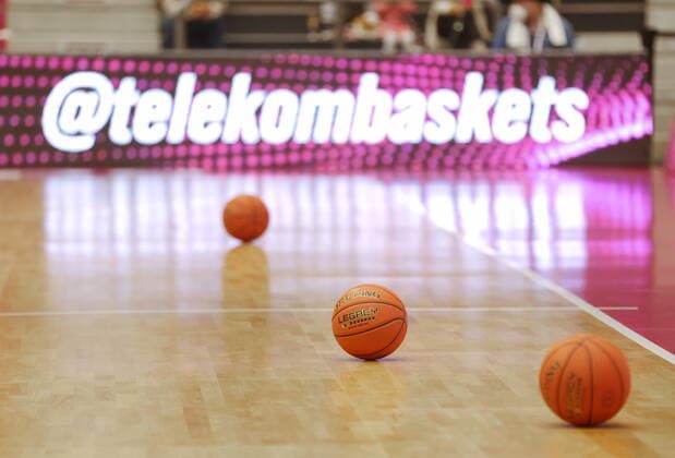 Balls on the court in front of the boards during the match Telekom Baskets Bonn vs Basketball Löwen Braunschweig easyCredit BBL 1 Bundesliga , season 2021 2022 , test match
