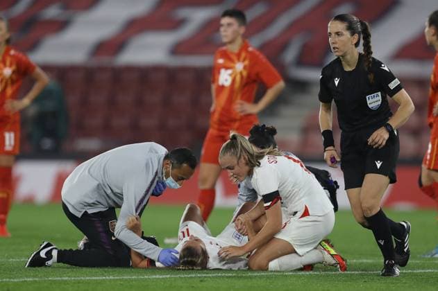 Southampton, England, 17th September 2021. Ella Toone of England receives medical attention during the FIFA 2023 Women s World Cup Qualifying match at St Mary s Stadium, Southampton. Picture credit should read: Paul Terry Sportimage EDITORIAL USE ONLY. No use with unauthorised audio, video, data, fixture lists, club league logos or live services. Online in-match use limited to 120 images, no video emulation. No use in betting, games or single club league player publications. SPI-1202-0014