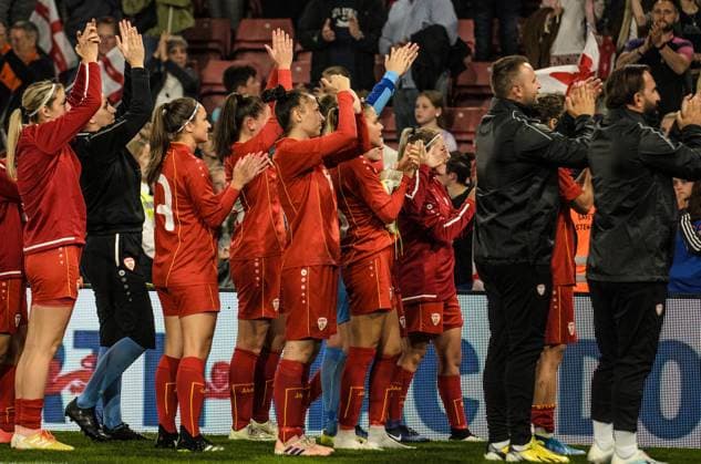 Players and staff of North Macedonia applaud the small amount of their fans who attended the Women?s World Cup Qualifier between England and North Macedonia at St Marys Stadium,Southampton UK Daniel Haswell 