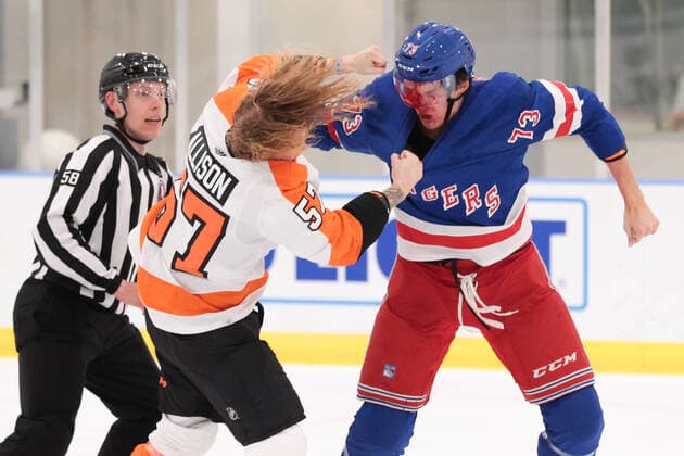 Bilder des Jahres 2021, Sport 09 September Sport Themen der Woche KW37 TARRYTOWN, NY - SEPTEMBER 18: Philadelphia Flyers Forward Wade Allison (57) fights with New York Rangers Forward Matt Rempe (73) during the first period of the New York Rangers Development Camp Rookie Game between the New York Rangers and the Philadelphia Flyers on September 18, at the MSG Training Facility in Tarrytown, NY (Photo by Joshua Sarner Icon Sportswire) NHL, Eishockey Herren, USA SEP 18 Rangers Devlopment Camp Icon210918001