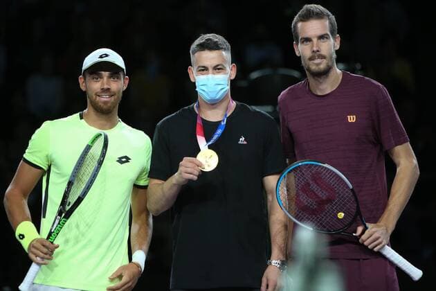 Benjamin Bonzi of France , Jenia Grebennikov Champion Olympique Volley Ball in Tokyo 2021 and Mats Moraing of Germany Finale during the Open de Rennes tournament on September 18, 2021 at Open Blot Rennes in Rennes, France TENNIS : Open de Rennes - 19 09 2021 LaurentLairys Panoramic 