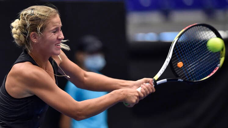 Anastasia Zakharova (RUS) in action during the match against Sara Sorribes Tormo during the J&T Banka Ostrava Open 2021 women s WTA, Tennis Damen indoor tennis tournament in Ostrava, Czech Republic, on Monday, September 20, 2021. (CTKxPhoto JaroslavxOzana) CTKPhotoP2021092004869  JAO 08