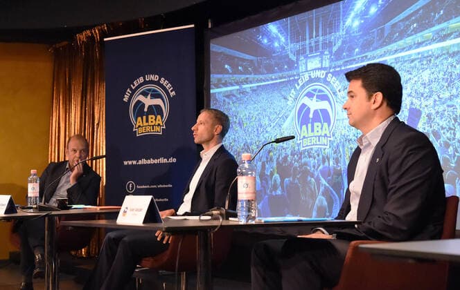 Basketball, men, 2021 2022 season, Alba Berlin, season opening press conference, f l Managing Director CEO Marco Baldi Alba Berlin , President Supervisory Board Dr Axel Schweitzer Alba Berlin , Coach Israel Gonzalez Alba Berlin , 21 09 2021, Copyright: xSebastianxRäppold MatthiasxKochx