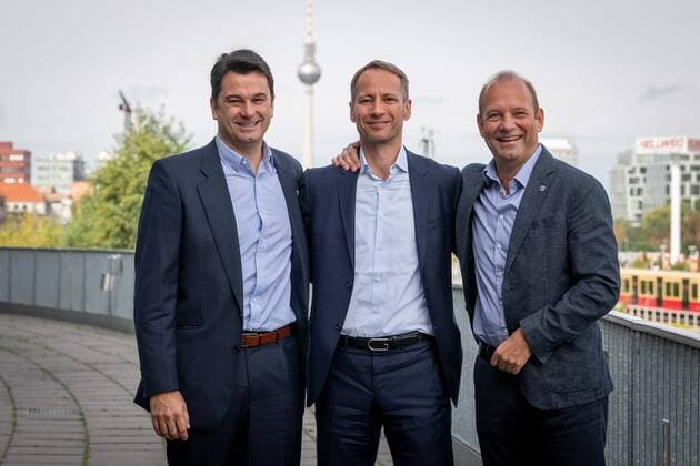 Basketball Berlin 21 09 2021 season 2021 2022 Alba Berlin season press conference Israel Gonzalez Alba Berlin, coach li Axel Schweitzer chairman of the supervisory board Marco Baldi managing director re
