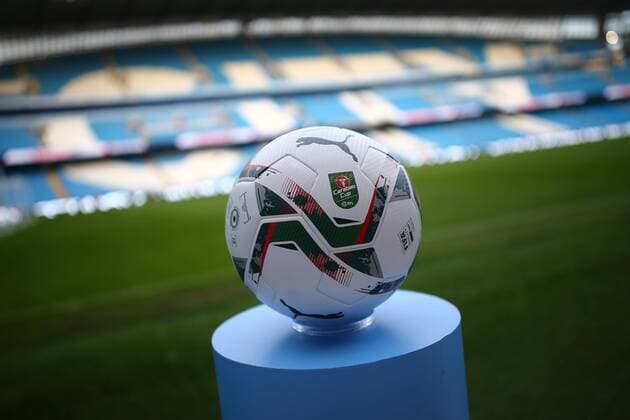 Mandatory Credit: Photo by Phil Oldham Shutterstock (12455233d) A general view of the Carabao branded EFL Puma match ball Manchester City v Wycombe Wanderers, Carabao Cup, Third Round, Football, Etihad Stadium, Manchester, UK - 21 Sep 2021 EDITORIAL USE ONLY No use with unauthorised audio, video, data, fixture lists, club league logos or live services. Online in-match use limited to 120 images, no video emulation. No use in betting, games or single club league player publications. Manchester City v Wycombe Wanderers, Carabao Cup, Third Round, Football, Etihad Stadium, Manchester, UK - 21 Sep 2021 EDITORIAL USE ONLY No use with unauthorised audio, video, data, fixture lists, club league logos or live services. Online in-match use limited to 120 images, no video emulation. No use in betting, games or single club league player publications. Copyright: xPhilxOldham Shutterstockx 12455233d