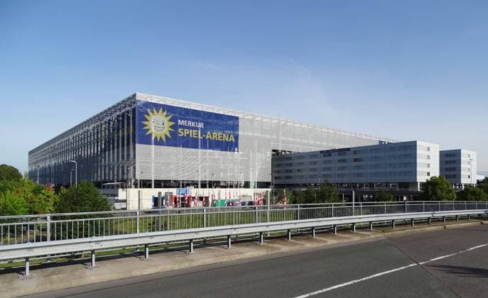 View of the exterior of the Merkur Spiel Arena in Duesseldorf Duesseldorf Merkur Spiel Arena full exterior view