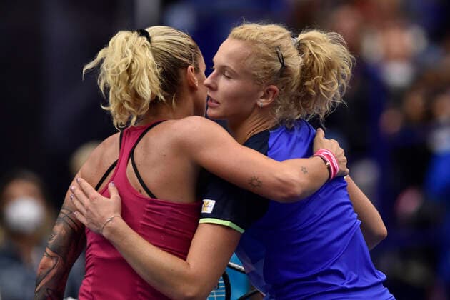 Czech Tereza Martincova (left) greets Katerina Siniakova of Czech Republic after the match during the J&T Banka Ostrava Open 2021 women s WTA, Tennis Damen indoor tennis tournament in Ostrava, Czech Republic, September 21, 2021. (CTKxPhoto JaroslavxOzana) CTKPhotoP2021092108895  JAO 32