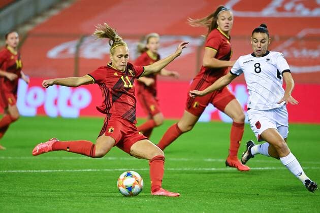 BRUSSELS, BELGIUM - SEPTEMBER 21 : Janice Cayman forward of Belgium scores the opening goal during the FIFA Women s World Cup 2023 in Australia and New Zealand Qualifying Round Match between Belgium and Albania on September 21, 2021 in Brussels, Belgium, 21 09 2021 FOOTBALL : Belgique vs Albanie - Qualification Coupe du Monde Feminine - 21 09 2021 Photonews Panoramic 