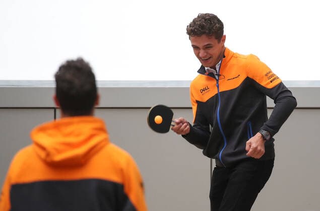 SOCHI, RUSSIA - SEPTEMBER 23, 2021: McLaren drivers Lando Norris (R) and Daniel Ricciardo play Table tennis, Tischtennis ahead of the 2021 Formula One Russian Grand Prix to be held in Sochi on September 24-26, 2021, at the Sochi Autodrom racing circuit. Sergei Fadeichev TASS  TS11191E
