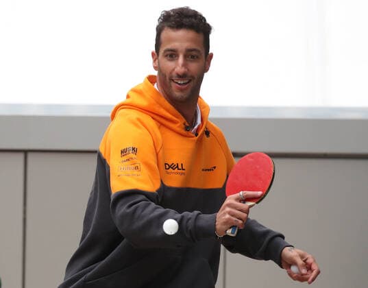 SOCHI, RUSSIA - SEPTEMBER 23, 2021: McLaren driver Daniel Ricciardo plays Table tennis, Tischtennis with his teammate Lando Norris ahead of the 2021 Formula One Russian Grand Prix to be held in Sochi on September 24-26, 2021, at the Sochi Autodrom racing circuit. Sergei Fadeichev TASS  TS111923