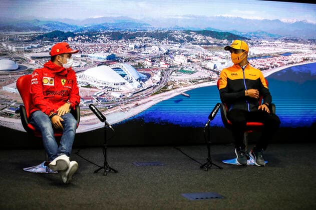 F1 Grand Prix of Russia 16 Charles Leclerc (MON, Scuderia Ferrari Mission Winnow), 4 Lando Norris (GBR, McLaren F1 Team), F1 Grand Prix of Russia at Sochi Autodrom on September 23, 2021 in Sochi, Russia. (Photo by Xavi Bonilla DPPI FIA Pool via HOCH ZWEI) Sochi Friuli - Dacia Arena stadium Russia Poolfoto HOCH ZWEI Pool Xavi Bonilla DP ,EDITORIAL USE ONLY