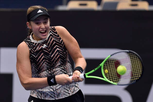 Jelena Ostapenko of Latvia returns a shot to Maria Sakkari of Greece during the J&T Banka Ostrava Open 2021 women s WTA, Tennis Damen indoor tennis tournament in Ostrava, Czech Republic, September 23, 2021. (CTKxPhoto JaroslavxOzana) CTKPhotoP2021092306106  JAO 02
