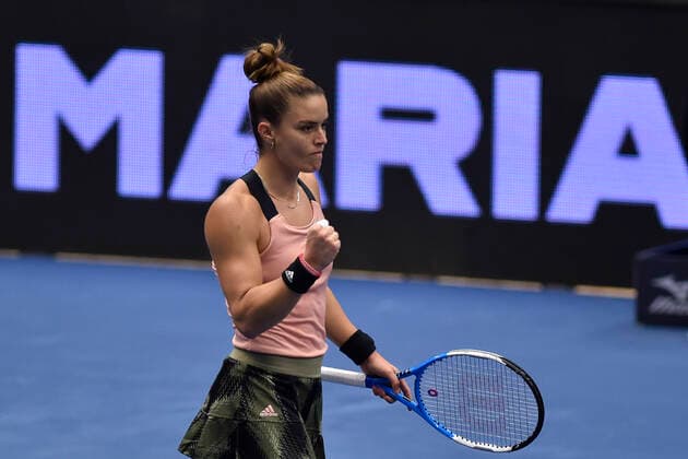 Maria Sakkari of Greece reacts during the match against Jelena Ostapenko of Latvia at the J&T Banka Ostrava Open 2021 women s WTA, Tennis Damen indoor tennis tournament in Ostrava, Czech Republic, September 23, 2021. (CTKxPhoto JaroslavxOzana) CTKPhotoP2021092306107  JAO 03