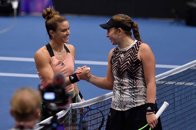 Maria Sakkari of Greece, left, and Jelena Ostapenko of Latvia during the J&T Banka Ostrava Open 2021 women s WTA, Tennis Damen indoor tennis tournament in Ostrava, Czech Republic, September 23, 2021. (CTKxPhoto JaroslavxOzana) CTKPhotoP2021092306108  JAO 04