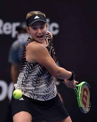 Jelena Ostapenko of Latvia returns a shot to Maria Sakkari of Greece during the J&T Banka Ostrava Open 2021 women s WTA, Tennis Damen indoor tennis tournament in Ostrava, Czech Republic, September 23, 2021. (CTKxPhoto JaroslavxOzana) CTKPhotoP2021092306552  JAO 06