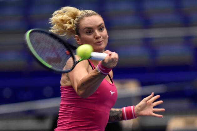 Tereza Martincova of Czech Republic returns a shot to Anastasia Pavlyuchenkova of Russia during the J&T Banka Ostrava Open 2021 women s WTA, Tennis Damen indoor tennis tournament in Ostrava, Czech Republic, September 23, 2021. (CTKxPhoto JaroslavxOzana) CTKPhotoP2021092306597  JAO 07