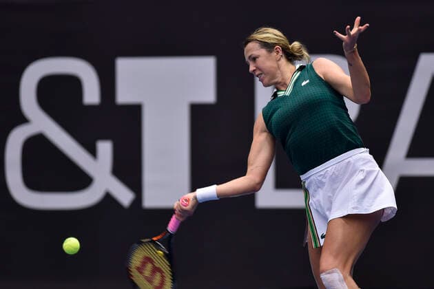 Anastasia Pavlyuchenkova of Russia returns a shot to Tereza Martincova of Czech Republic during the J&T Banka Ostrava Open 2021 women s WTA, Tennis Damen indoor tennis tournament in Ostrava, Czech Republic, September 23, 2021. (CTKxPhoto JaroslavxOzana) CTKPhotoP2021092306698  JAO 09