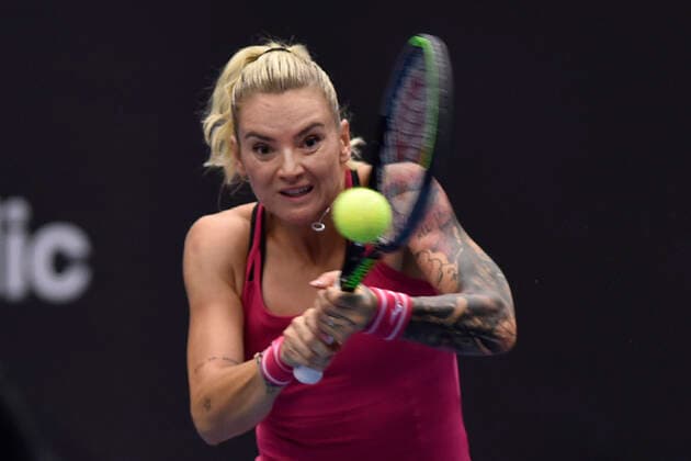 Tereza Martincova of Czech Republic returns a shot to Anastasia Pavlyuchenkova of Russia during the J&T Banka Ostrava Open 2021 women s WTA, Tennis Damen indoor tennis tournament in Ostrava, Czech Republic, September 23, 2021. (CTKxPhoto JaroslavxOzana) CTKPhotoP2021092306801  JAO 12