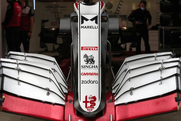 SOCHI, RUSSIA - SEPTEMBER 23, 2021: A fragment of an Alfa Romeo Racing car is seen ahead of the 2021 Formula One Russian Grand Prix to be held in Sochi on September 24-26, 2021, at the Sochi Autodrom racing circuit. Sergei Fadeichev TASS  TS1119BF