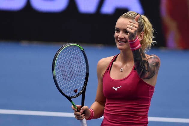 Tereza Martincova celebrates after winning her match against Anastasia Pavlyuchenkova of Russia during the J&T Banka Ostrava Open 2021 women s WTA, Tennis Damen indoor tennis tournament in Ostrava, Czech Republic, September 23, 2021. (CTKxPhoto JaroslavxOzana) CTKPhotoP2021092307621  JAO 17