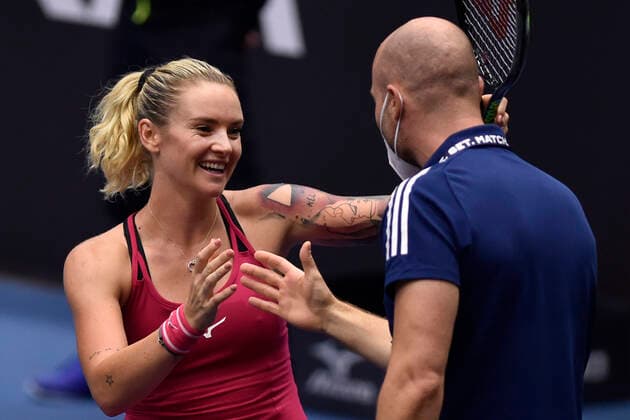 Tereza Martincova, left, celebrates after winning her match against Anastasia Pavlyuchenkova of Russia during the J&T Banka Ostrava Open 2021 women s WTA, Tennis Damen indoor tennis tournament in Ostrava, Czech Republic, September 23, 2021. (CTKxPhoto JaroslavxOzana) CTKPhotoP2021092307806  JAO 19