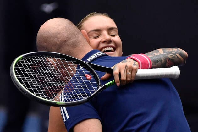 Tereza Martincova celebrates after winning her match against Anastasia Pavlyuchenkova of Russia during the J&T Banka Ostrava Open 2021 women s WTA, Tennis Damen indoor tennis tournament in Ostrava, Czech Republic, September 23, 2021. (CTKxPhoto JaroslavxOzana) CTKPhotoP2021092307832  JAO 20
