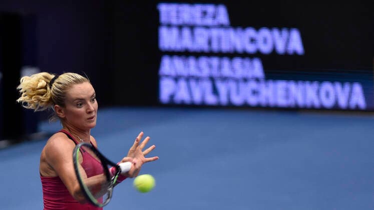 Tereza Martincova of Czech Republic returns a shot to Anastasia Pavlyuchenkova of Russia during the J&T Banka Ostrava Open 2021 women s WTA, Tennis Damen indoor tennis tournament in Ostrava, Czech Republic, September 23, 2021. (CTKxPhoto JaroslavxOzana) CTKPhotoP2021092307986  JAO 20