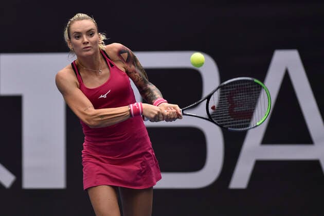 Tereza Martincova of Czech Republic returns a shot to Anastasia Pavlyuchenkova of Russia during the J&T Banka Ostrava Open 2021 women s WTA, Tennis Damen indoor tennis tournament in Ostrava, Czech Republic, September 23, 2021. (CTKxPhoto JaroslavxOzana) CTKPhotoP2021092308223  JAO 32