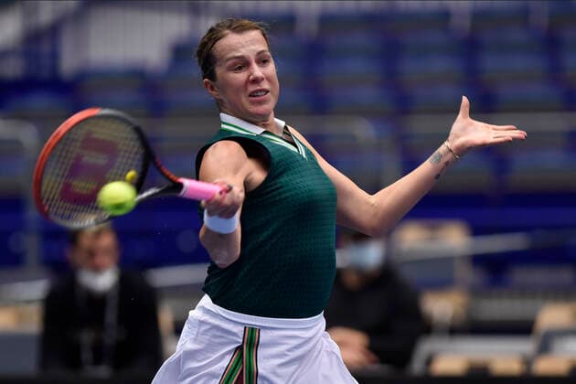 Anastasia Pavlyuchenkova of Russia returns a shot to Tereza Martincova of Czech Republic during the J&T Banka Ostrava Open 2021 women s WTA, Tennis Damen indoor tennis tournament in Ostrava, Czech Republic, September 23, 2021. (CTKxPhoto JaroslavxOzana) CTKPhotoP2021092308298  JAO 34