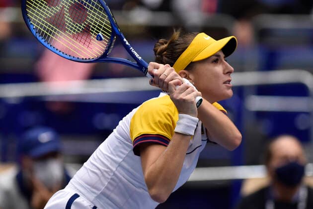 Belinda Bencic of Switzerland returns a shot to Sara Sorribes Torm of Spain during the J&T Banka Ostrava Open 2021 women s WTA, Tennis Damen indoor tennis tournament in Ostrava, Czech Republic, September 23, 2021. (CTKxPhoto JaroslavxOzana) CTKPhotoP2021092308795  JAO 39