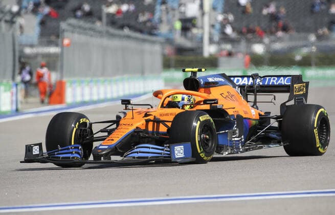 SOCHI, RUSSIA - SEPTEMBER 24, 2021: McLaren driver Lando Norris is seen during Practice Session 1 at the 2021 Formula 1 Russian Grang Prix at the Sochi Autodrom racing circuit. Sergei Fadeichev TASS  TS111B2A