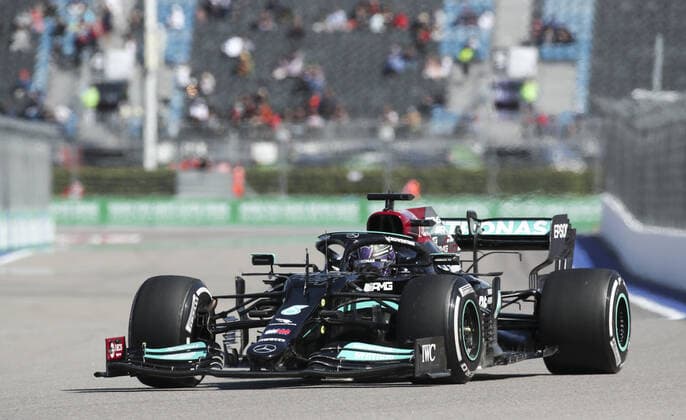 SOCHI, RUSSIA - SEPTEMBER 24, 2021: Mercedes AMG Petronas driver Lewis Hamilton is seen during Practice Session 1 at the 2021 Formula 1 Russian Grang Prix at the Sochi Autodrom racing circuit. Sergei Fadeichev TASS  TS111B3B