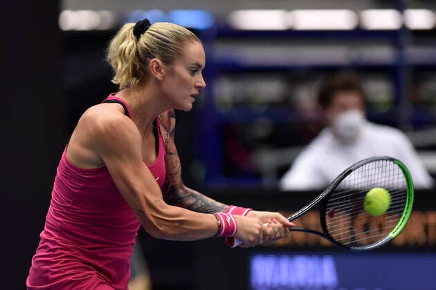 Tereza Martincova of Czech Republic in action during the match against Maria Sakkari of Greece at the J&T Banka Ostrava Open 2021 women s WTA, Tennis Damen indoor tennis tournament in Ostrava, Czech Republic, September 24, 2021. (CTKxPhoto JaroslavxOzana) CTKPhotoP2021092405284  JAO 02