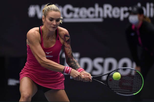 Tereza Martincova of Czech Republic in action during the match against Maria Sakkari of Greece at the J&T Banka Ostrava Open 2021 women s WTA, Tennis Damen indoor tennis tournament in Ostrava, Czech Republic, September 24, 2021. (CTKxPhoto JaroslavxOzana) CTKPhotoP2021092405310  JAO 03