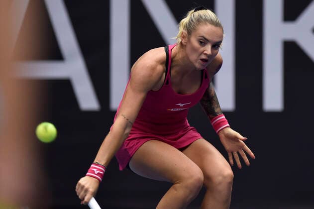 Tereza Martincova of Czech Republic in action during the match against Maria Sakkari of Greece at the J&T Banka Ostrava Open 2021 women s WTA, Tennis Damen indoor tennis tournament in Ostrava, Czech Republic, September 24, 2021. (CTKxPhoto JaroslavxOzana) CTKPhotoP2021092405436  JAO 05