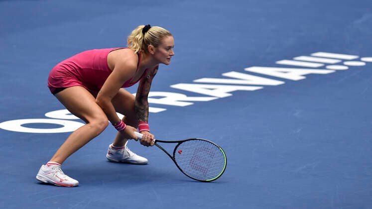 Tereza Martincova of Czech Republic in action during the match against Maria Sakkari of Greece at the J&T Banka Ostrava Open 2021 women s WTA, Tennis Damen indoor tennis tournament in Ostrava, Czech Republic, September 24, 2021. (CTKxPhoto JaroslavxOzana) CTKPhotoP2021092405595  JAO 08
