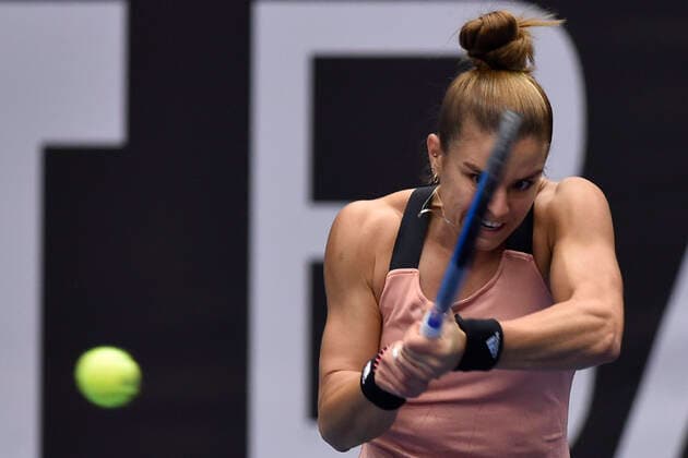 Maria Sakkari of Greece in action during the match against Tereza Martincova of Czech Republic at the J&T Banka Ostrava Open 2021 women s WTA, Tennis Damen indoor tennis tournament in Ostrava, Czech Republic, September 24, 2021. (CTKxPhoto JaroslavxOzana) CTKPhotoP2021092406308  JAO 17
