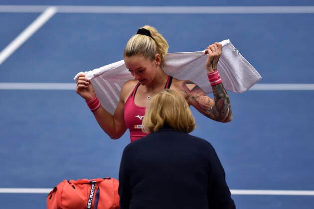 Tereza Martincova of Czech Republic in action during the match against Maria Sakkari of Greece at the J&T Banka Ostrava Open 2021 women s WTA, Tennis Damen indoor tennis tournament in Ostrava, Czech Republic, September 24, 2021. (CTKxPhoto JaroslavxOzana) CTKPhotoP2021092406157  JAO 13