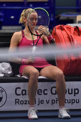 Tereza Martincova of Czech Republic in action during the match against Maria Sakkari of Greece at the J&T Banka Ostrava Open 2021 women s WTA, Tennis Damen indoor tennis tournament in Ostrava, Czech Republic, September 24, 2021. (CTKxPhoto JaroslavxOzana) CTKPhotoP2021092406388  JAO 19