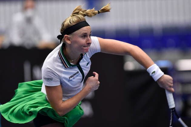 Swiss Jil Teichmann in action during the match against Czech Petra Kvitova at the J&T Banka Ostrava Open 2021 women s WTA, Tennis Damen indoor tennis tournament in Ostrava, Czech Republic, September 24, 2021. (CTKxPhoto JaroslavxOzana) CTKPhotoP2021092408862  JAO 65